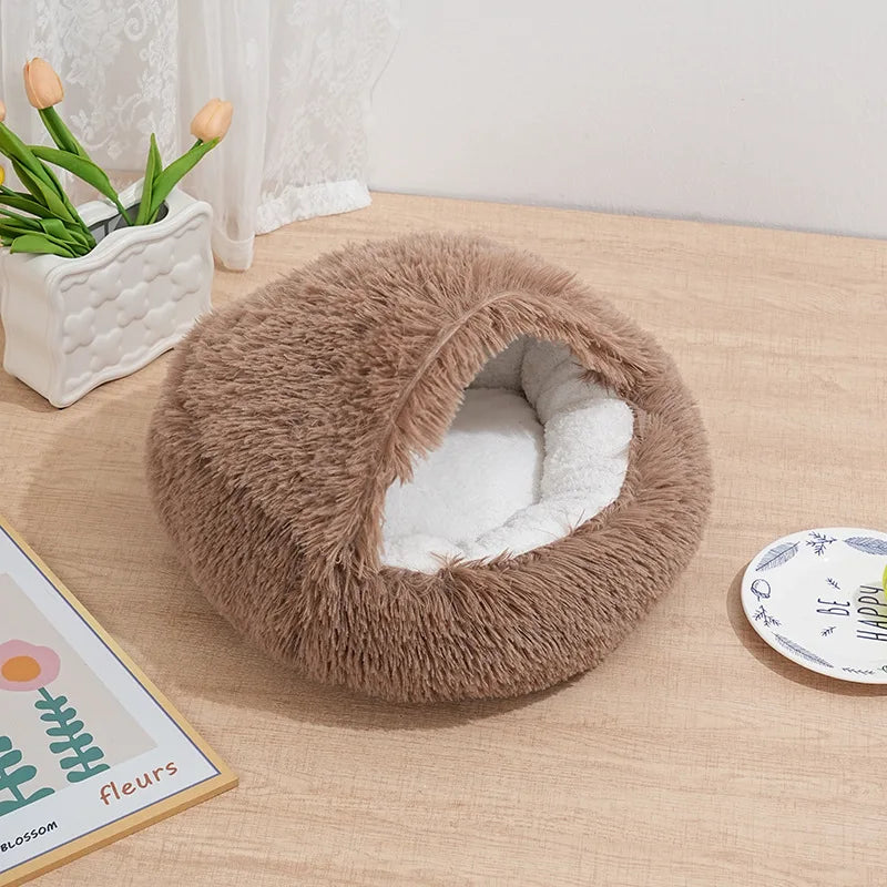 Winter Plush Round Cat Bed 2 In 1 Warm Nest For Cats