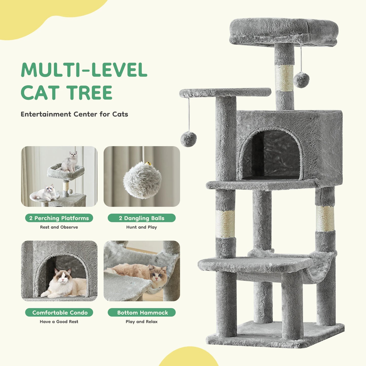 JHK Cat Tree Tower For Multi-Cat With Natural Sisal Posts