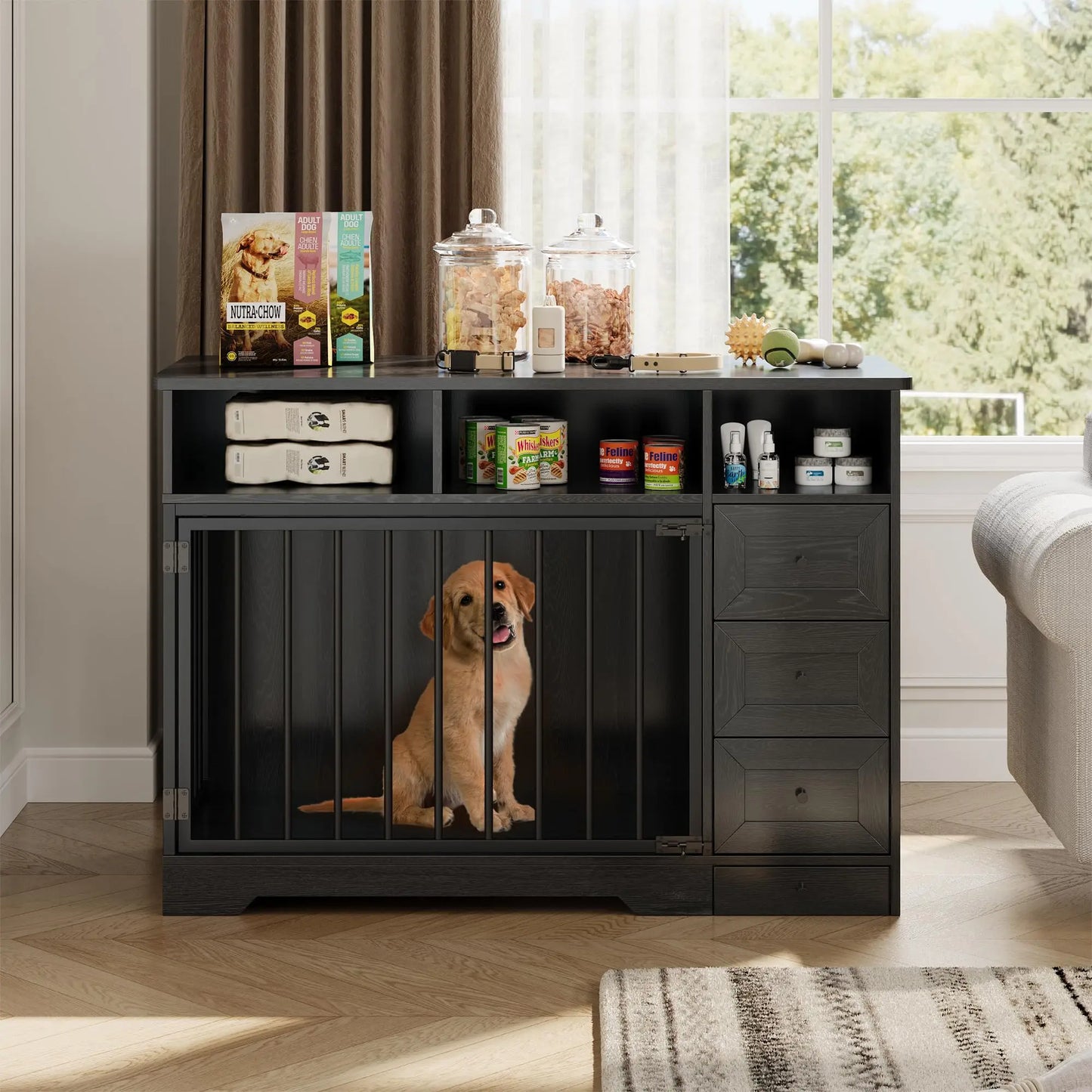 HiMISS Farmhouse Wooden Dog Crate End Table With Storage Drawers