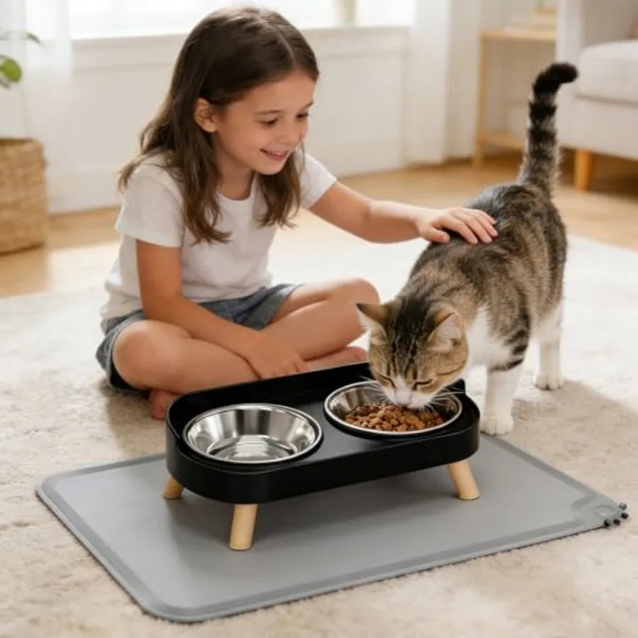 Elevated Cat Bowls With Food Mat Splash Proof Anti Vomit Set