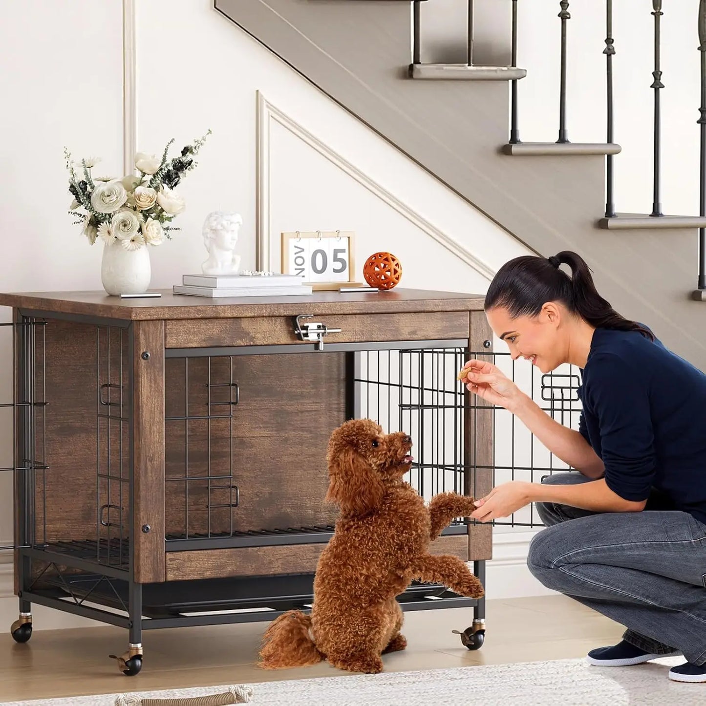 HiMISS Rustic Dog Crate Furniture With Wheels