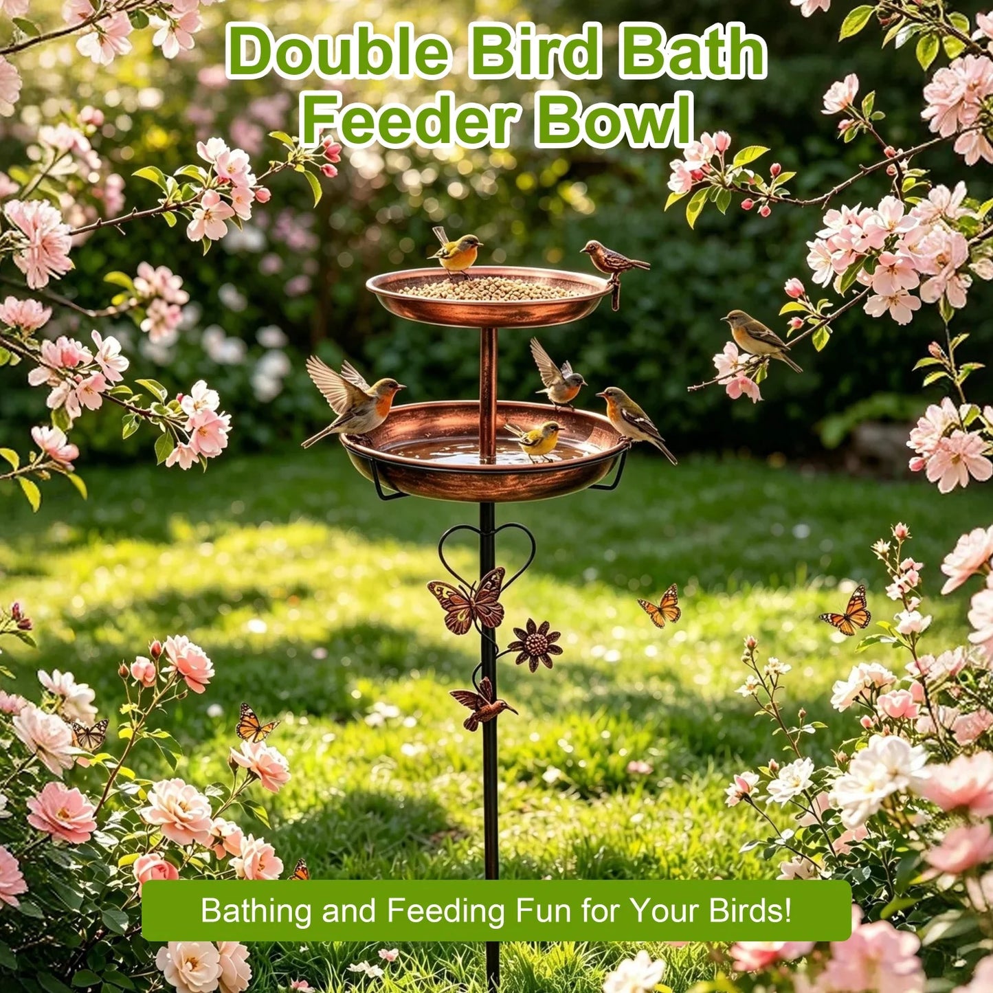 Two Tier Bird Bath Metal Garden Decor 5 Prong Base