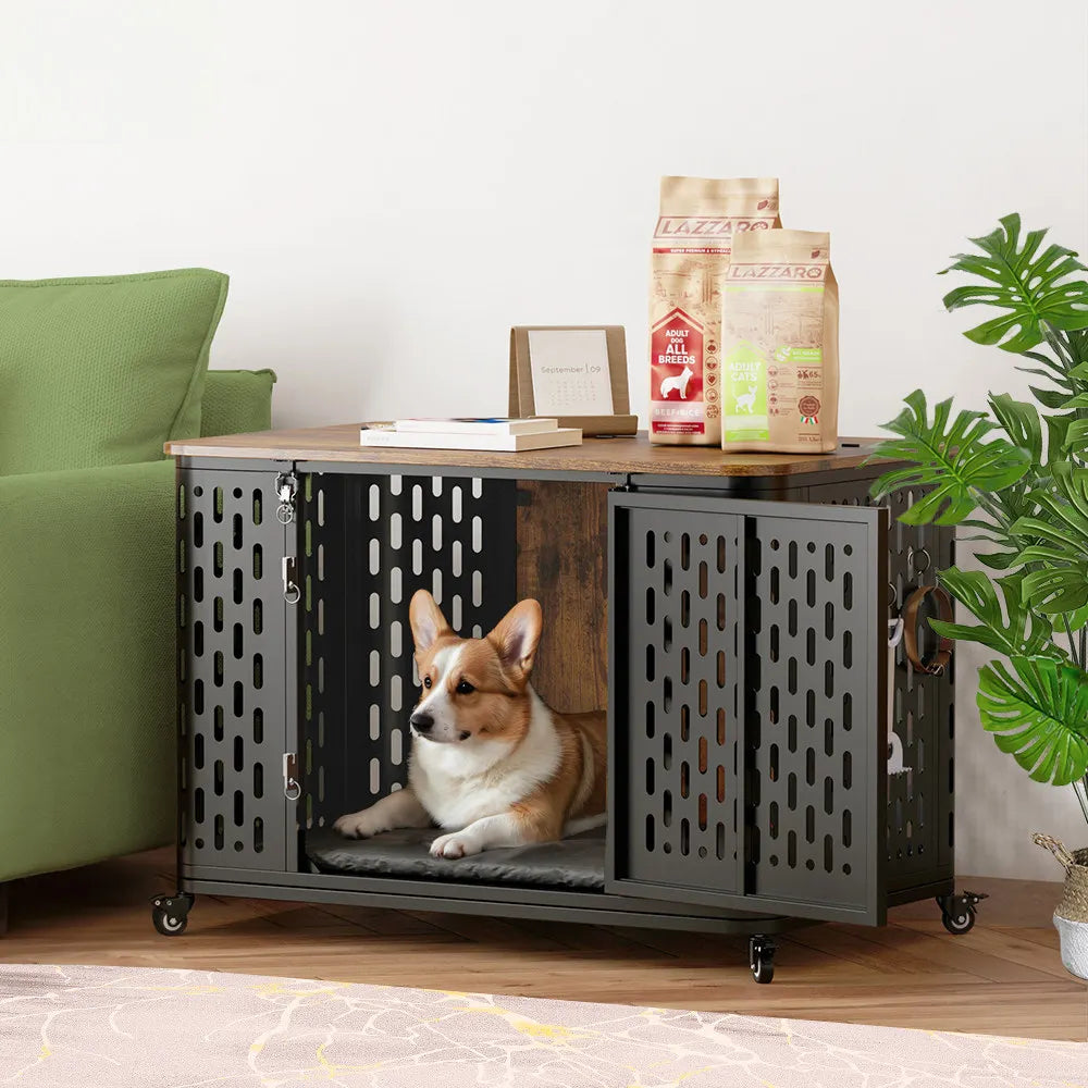 ONBRILL Wood Dog Crate Kennel With Cushion And Flexible Wheels