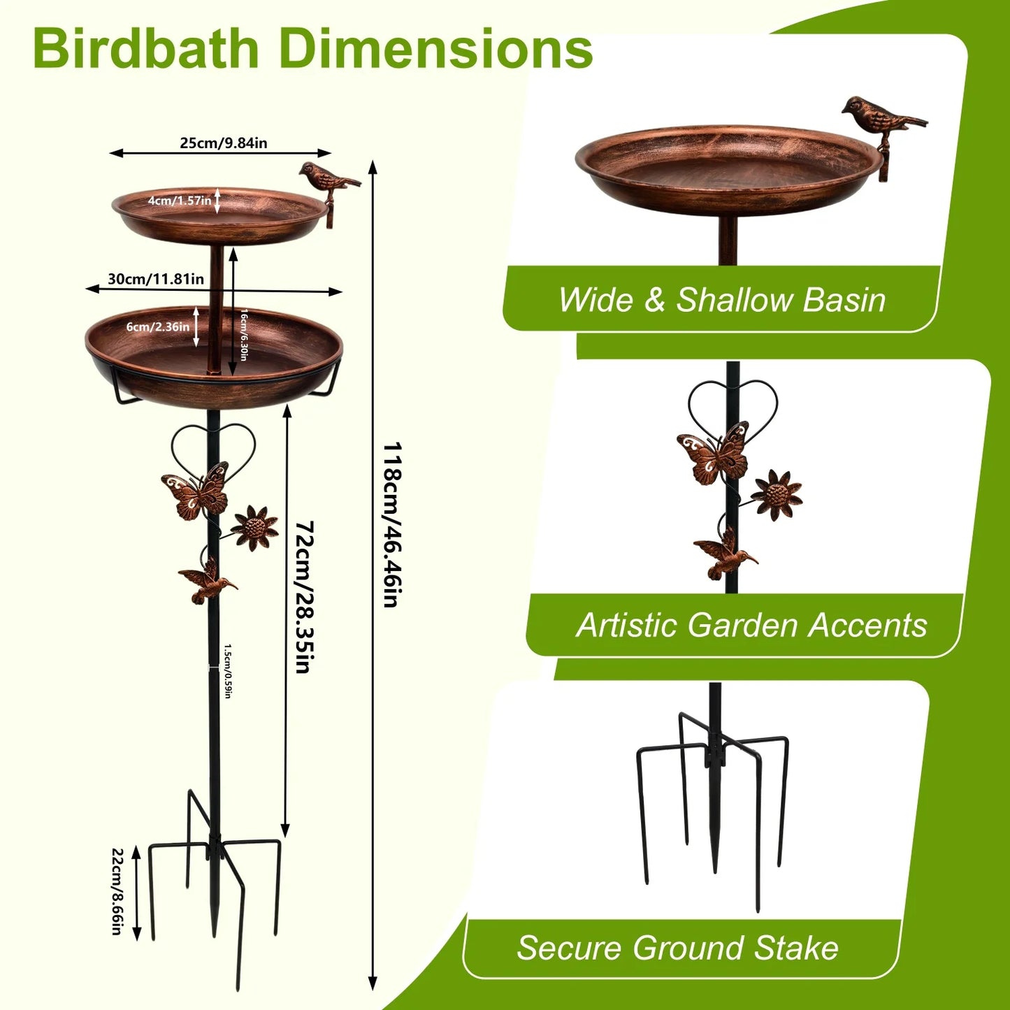 Two Tier Bird Bath Metal Garden Decor 5 Prong Base