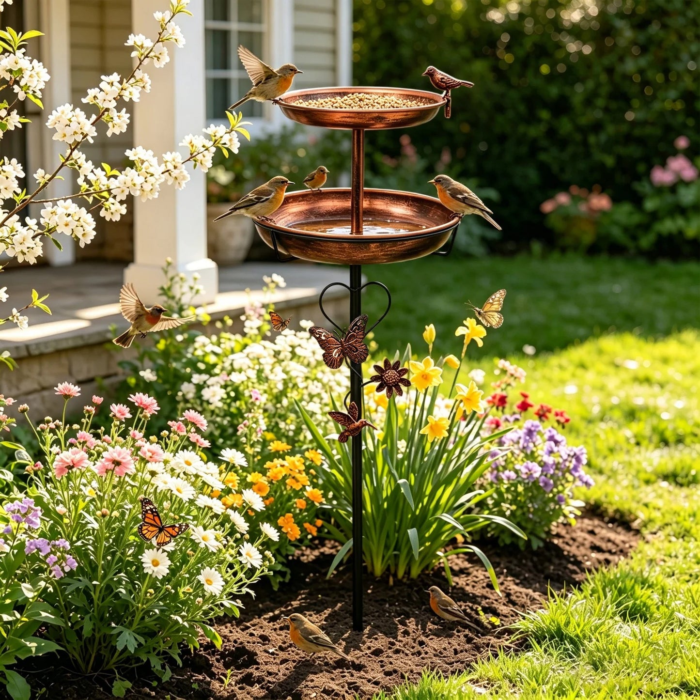 Two Tier Bird Bath Metal Garden Decor 5 Prong Base