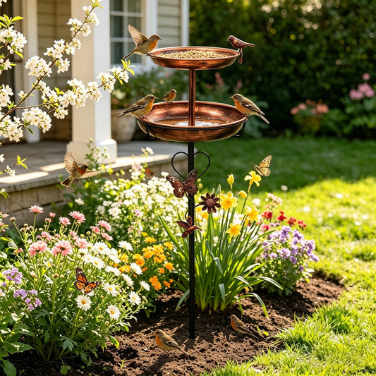 Two Tier Bird Bath Metal Garden Decor 5 Prong Base