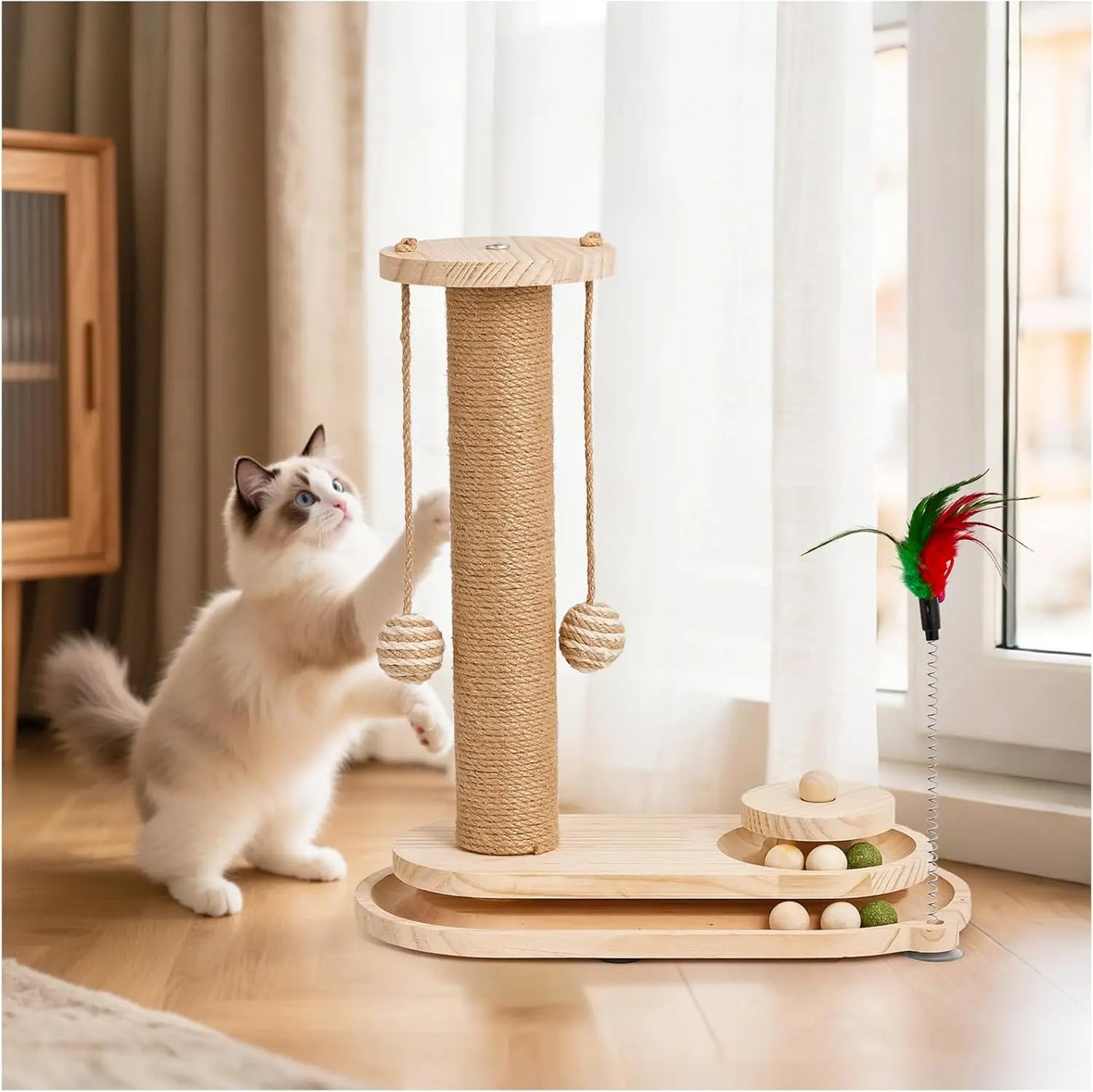 KYJGCN Sisal Cat Scratching Post With 2 Tier Ball Track