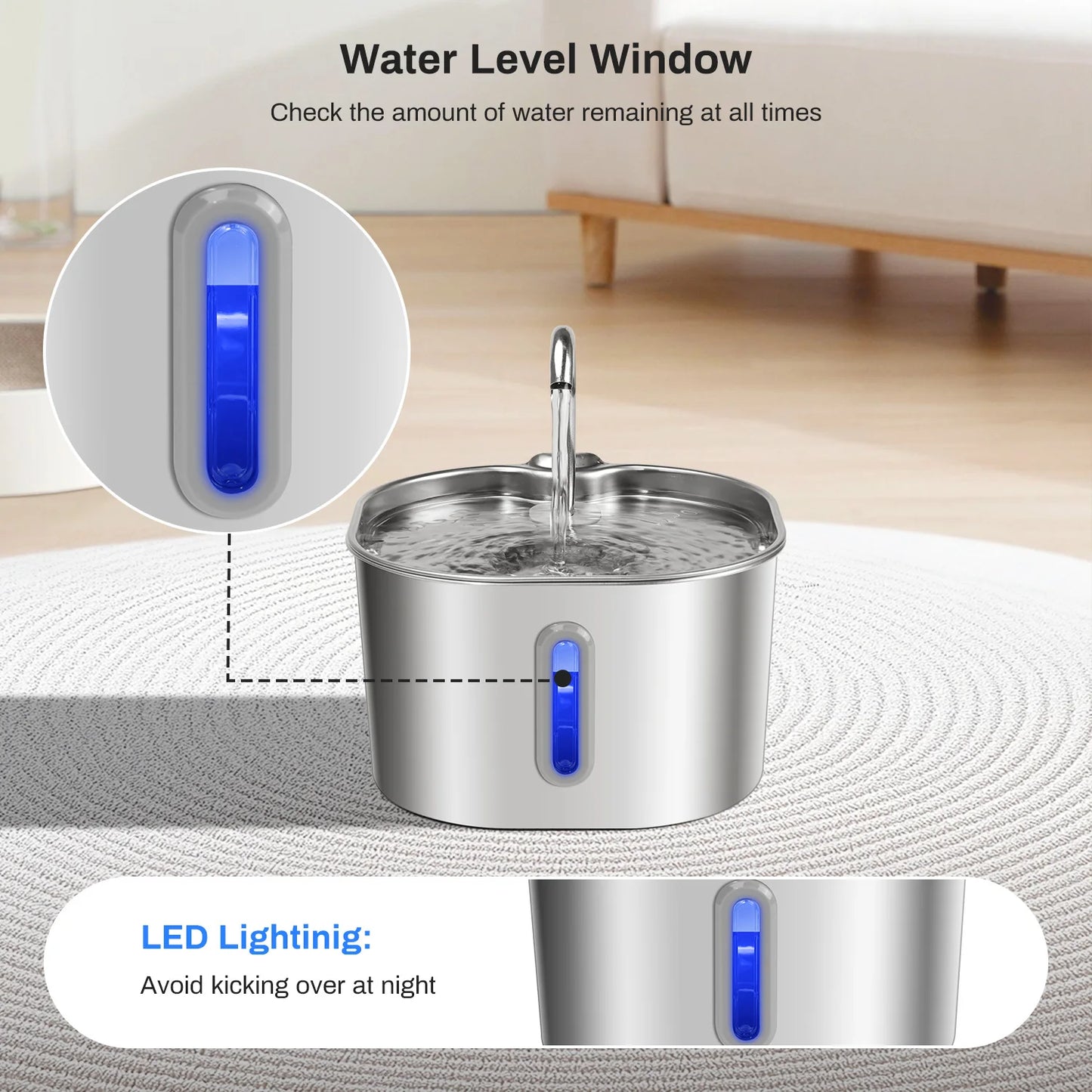 Stainless Steel Cat Water Fountain Ultra Quiet Filtration LED
