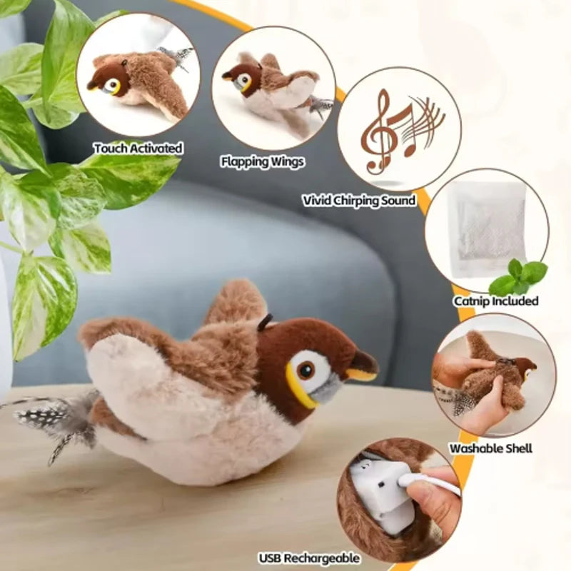 Interactive Chirping Bird Toy for Cats and Dogs Rechargeable Plush
