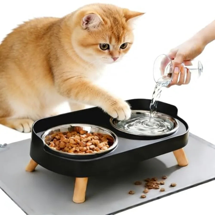 Elevated Cat Bowls With Food Mat Splash Proof Anti Vomit Set