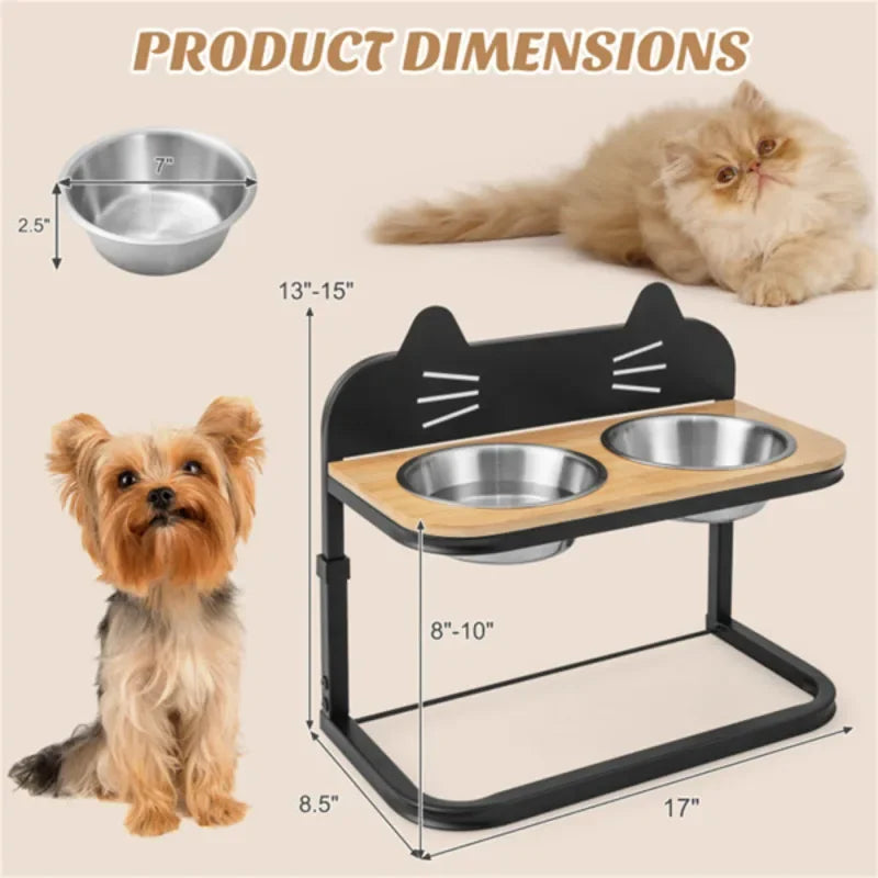 Elevated Pet Feeder With 2 Stainless Steel Bowls Adjustable Height