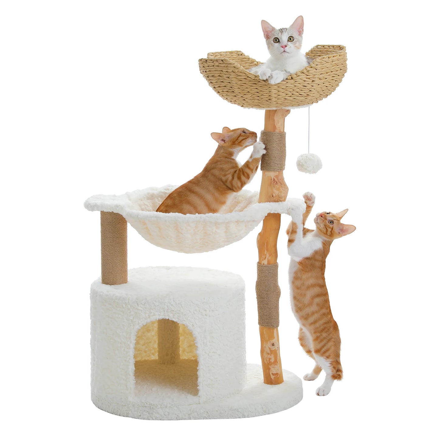 PAWZ Road Modern Cat Tree Tower With Solid Wood Scratching Posts Wicker Basket