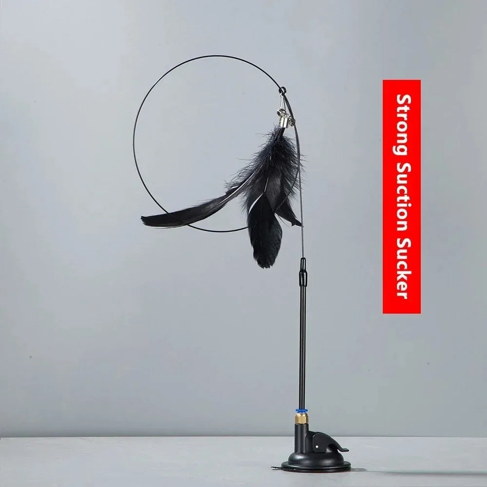 Cat Teaser Pole With Feather Bell Replaceable Head Suction Cup