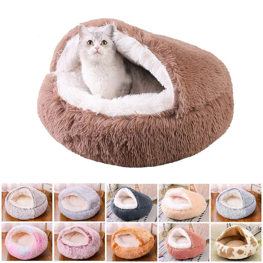 Winter Plush Round Cat Bed 2 In 1 Warm Nest For Cats