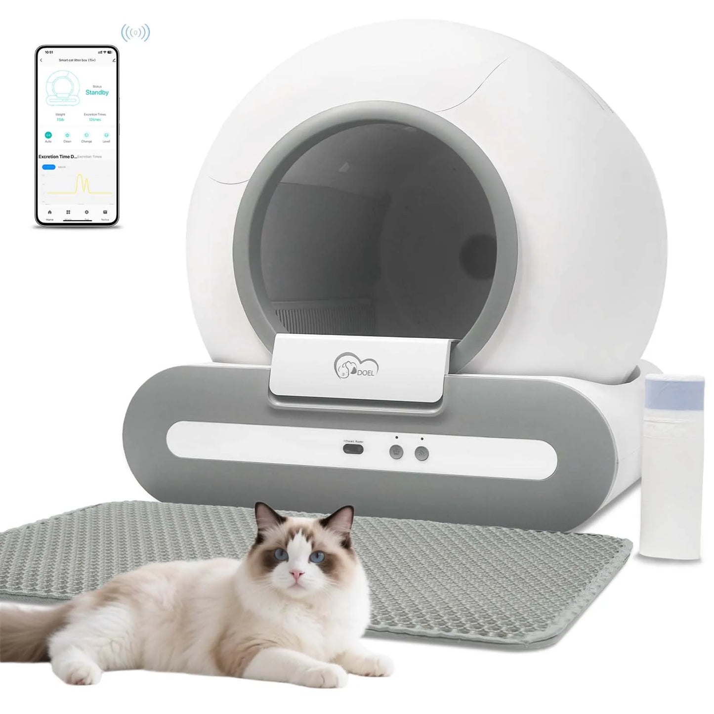DOEL Self-Cleaning Cat Litter Box With App Control Litter Mat
