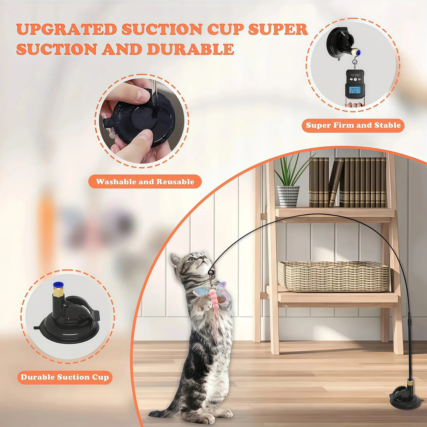 Cat Teaser Pole With Feather Bell Replaceable Head Suction Cup
