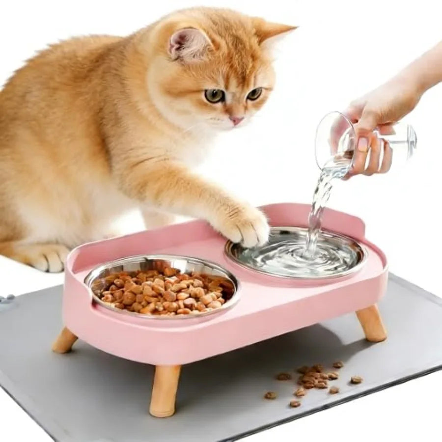 Elevated Cat Bowls With Food Mat Splash Proof Anti Vomit Set