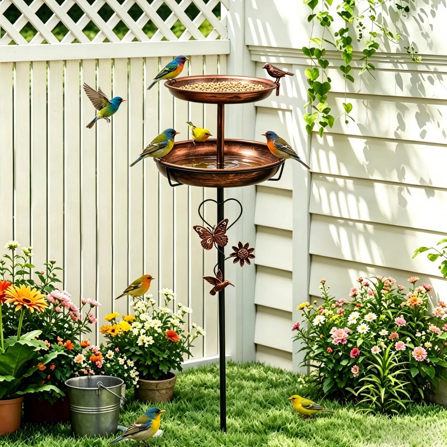 Two Tier Bird Bath Metal Garden Decor 5 Prong Base